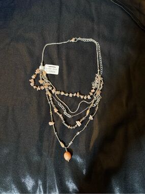Free People Multi-Layer Silver Necklace with Blush Pink Beads